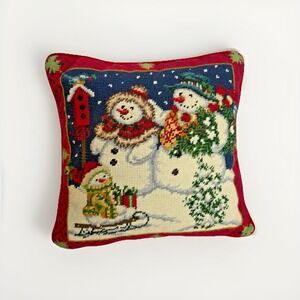 Vtg Wool Needlepoint Pillow‎ Snowman Family Christmas Sled Birdhouse Velvet Back